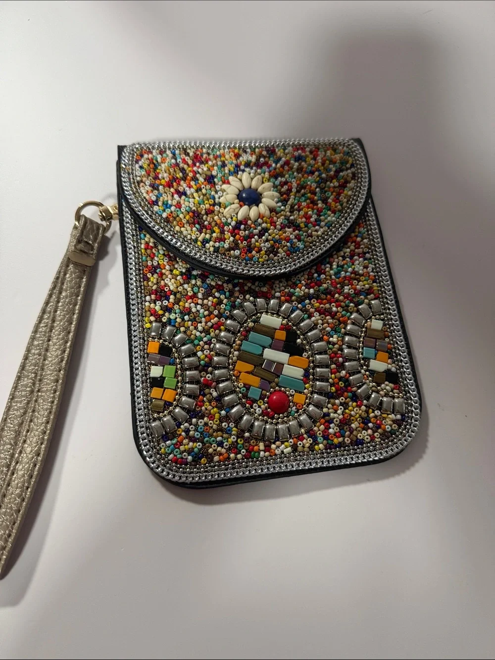Multicolor Beaded Wristlet Clutch with Metallic Strap
